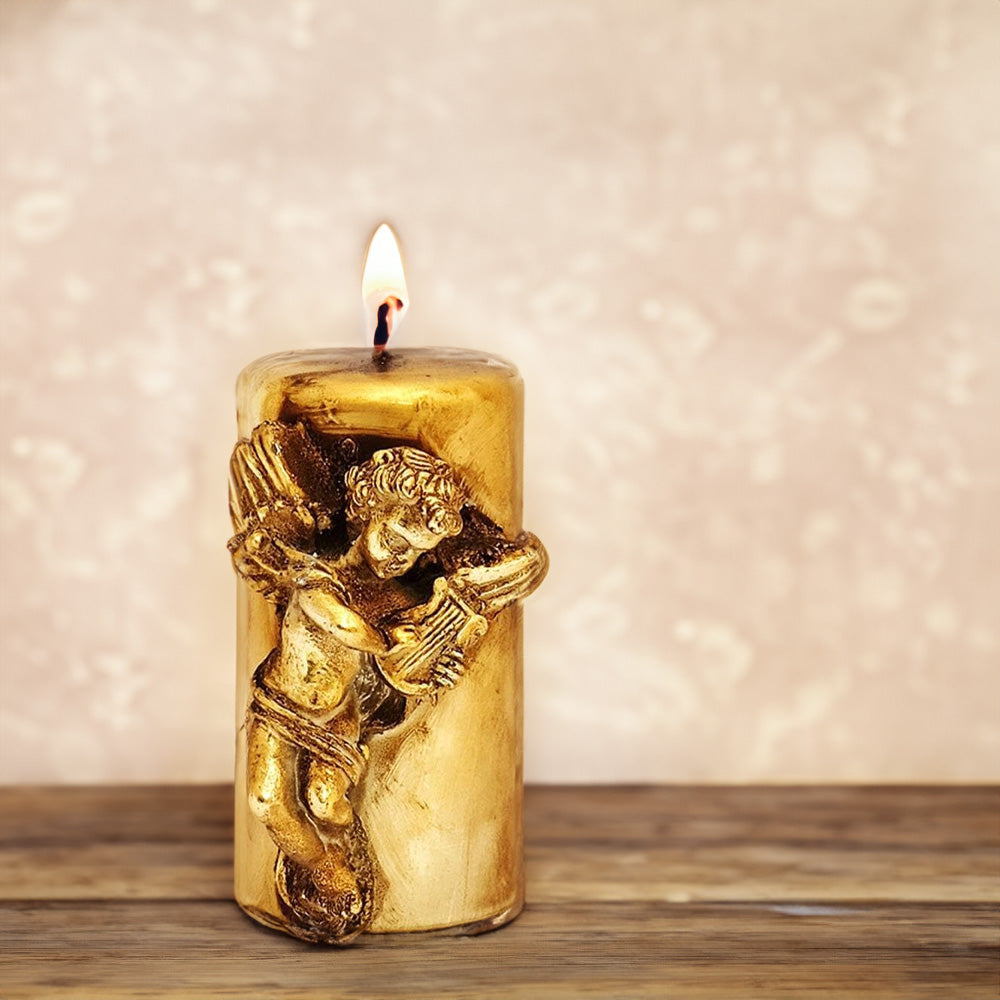 Vela Pilar Figura Anjo c/Lira 120x75mm Dourado