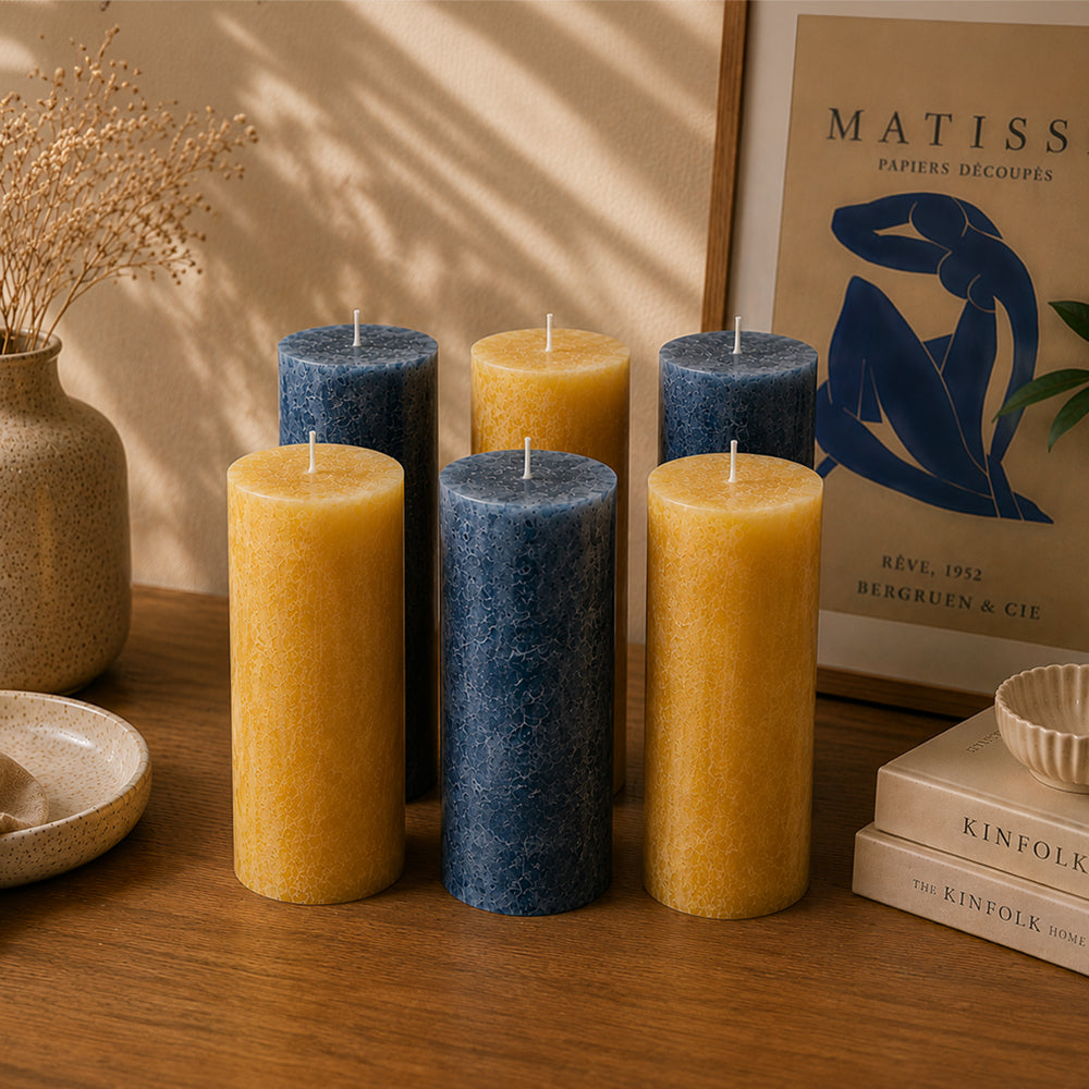 Pack 3 Velas Pilar Rústicas Azul e 3 Velas Pilar Rústicas Amarelo Mel