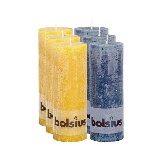 Pack 3 Velas Pilar Rústicas Azul e 3 Velas Pilar Rústicas Amarelo Mel